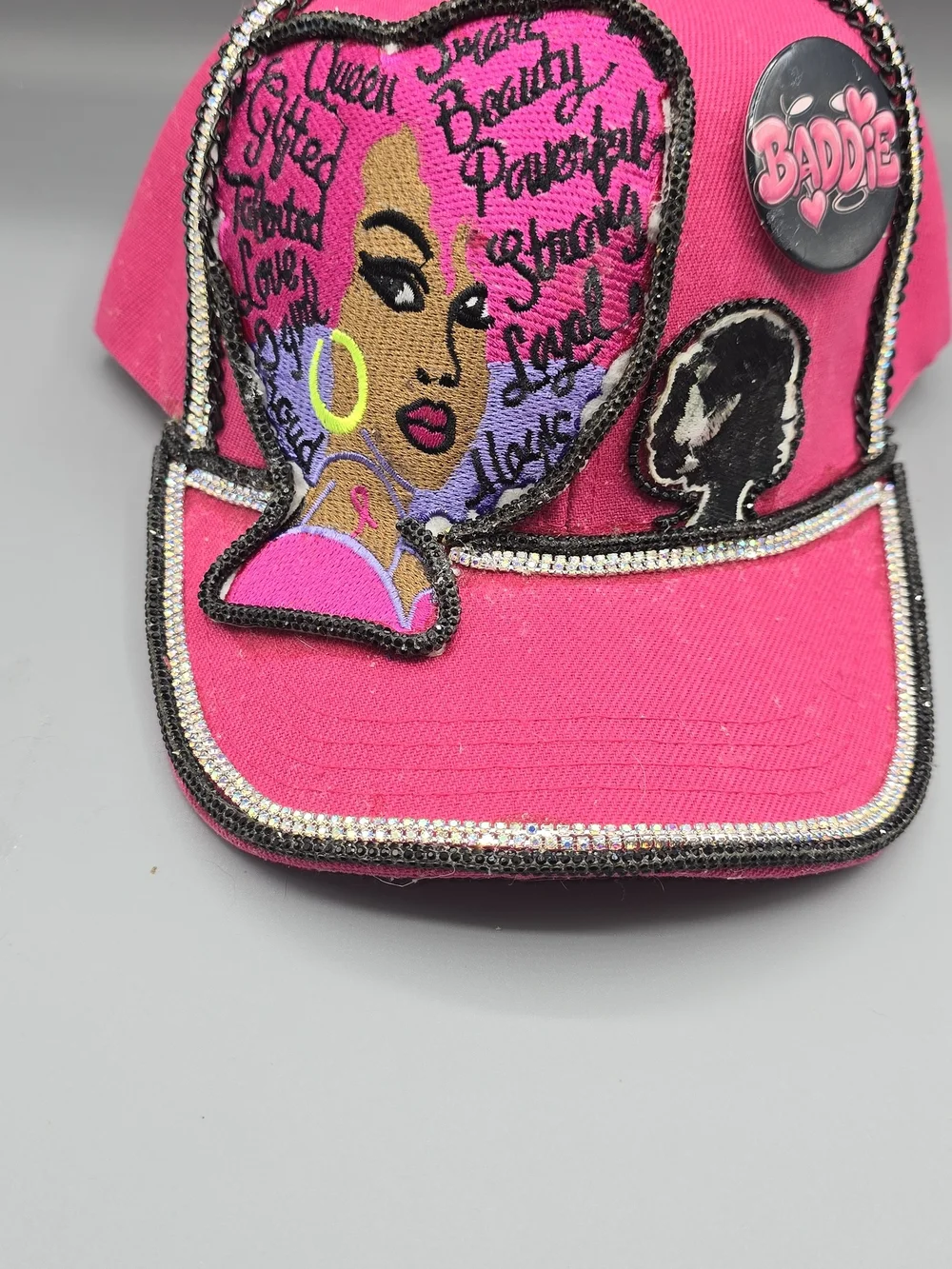 Women's Hot Pink Embroidered Trucker Cap with Decorative Patch